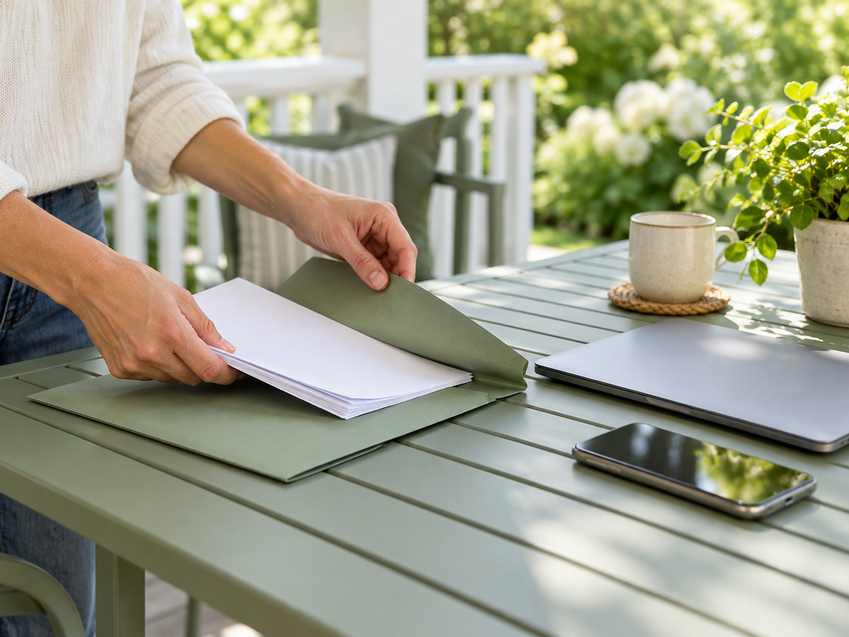 Hands tidying papers on a porch table