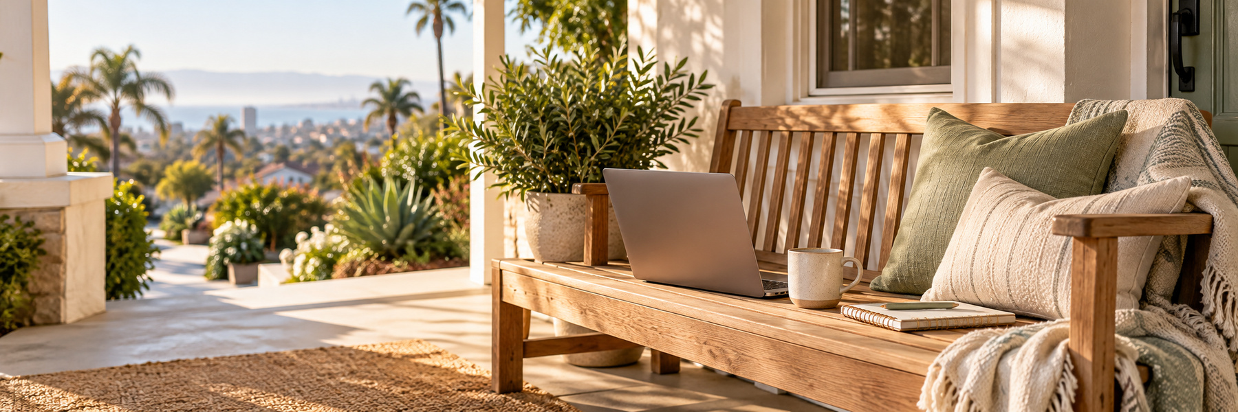 A sunny porch with a laptop and plants